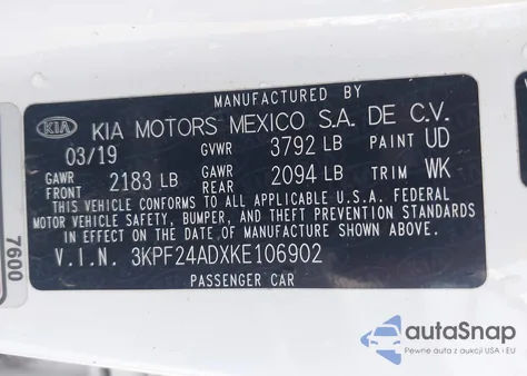 2019 Kia Forte Fe/Lx/Lxs from USA, damaged, VIN 3KPF24ADXKE106902